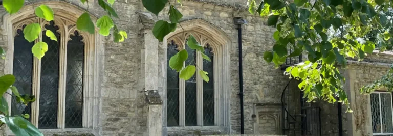 St James's Church side view through the overhanging leaves of a tree