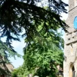St James's Church clock tower through the trees